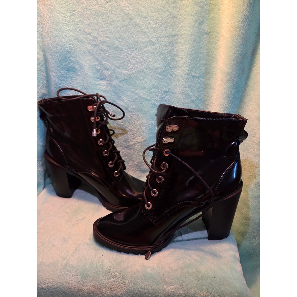 Brady Womens Black Patent Lace Up Block Heel Combat Ankle Boots Size 11 Shine